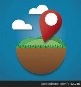Location icon on the green field and red flag. reach to destination. travel symbol