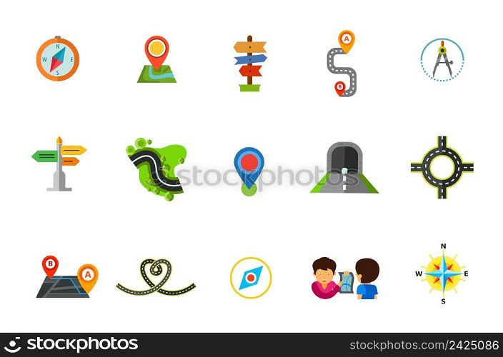 Location icon set. Compass Map Pointer Direction Path Route Road and Grass Tunnel Ring Road Road in Shape of Heart Man Showing Map on Handkerchief