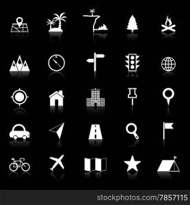 Location icons with reflect on black background, stock vector