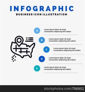 Location, Map, American Line icon with 5 steps presentation infographics Background