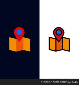 Location, Map, Pointer Icons. Flat and Line Filled Icon Set Vector Blue Background