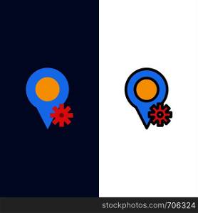 Location, Map, Settings Icons. Flat and Line Filled Icon Set Vector Blue Background