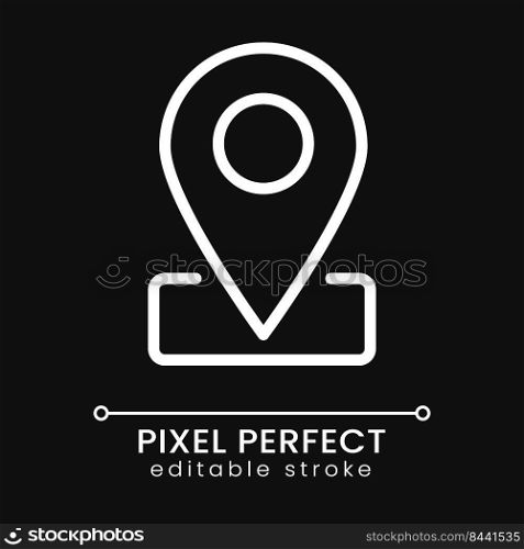 Location mark pixel perfect white linear icon for dark theme. Navigation app. Point on map. Business address. Thin line illustration. Isolated symbol for night mode. Editable stroke. Poppins font used. Location mark pixel perfect white linear icon for dark theme