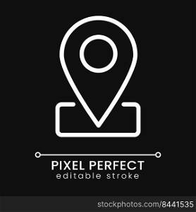 Location mark pixel perfect white linear icon for dark theme. Navigation app. Point on map. Business address. Thin line illustration. Isolated symbol for night mode. Editable stroke. Poppins font used. Location mark pixel perfect white linear icon for dark theme