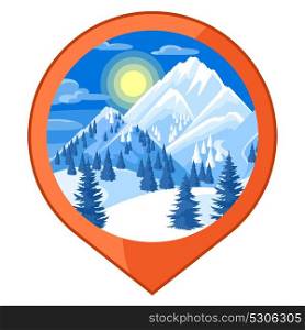 Location mark. Winter landscape with snowy mountains and fir forest. Location mark. Winter landscape with snowy mountains and fir forest.