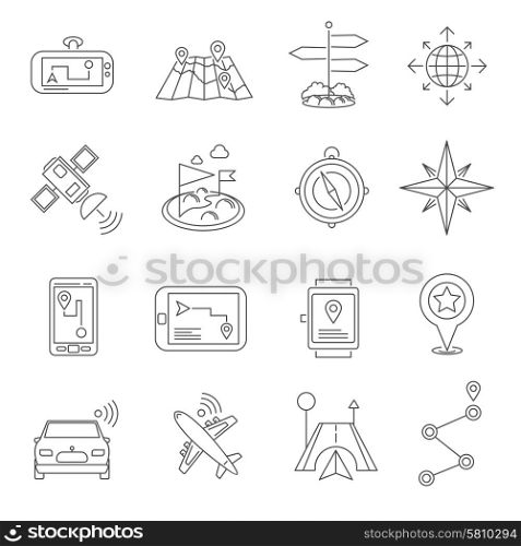 Location Outline Icon Set . Navigation and location system compasses map and gps routes and landmarks flat outline icon set isolated vector illustration