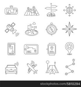 Location Outline Icon Set . Navigation and location system compasses map and gps routes and landmarks flat outline icon set isolated vector illustration
