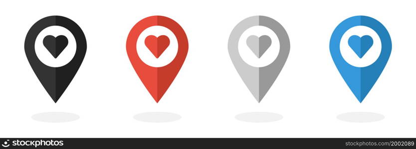 Location pointer with heart icon set. Vector isolated illustration. Map pin. GPS marker symbol with hearts.