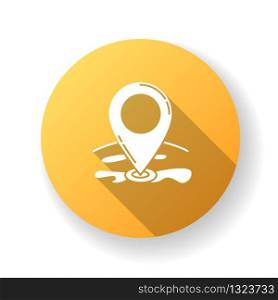 Location pointer yellow flat design long shadow glyph icon. GPS position. Position pin on map. Marker for destination. Geography landmark. Find route to place. Silhouette RGB color illustration