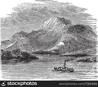 Loch Lomond on Highland Boundary Fault, Scotland, during the 1890s, vintage engraving. Old engraved illustration of Loch Lomond with moving ship in front.