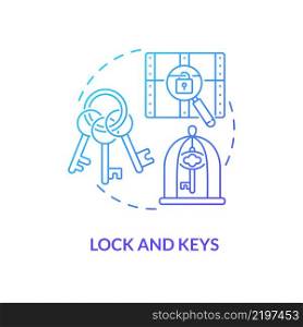 Lock and keys blue gradient concept icon. Escape room attribute abstract idea thin line illustration. Interactive adventure game equipment. Isolated outline drawing. Myriad Pro-Bold font used. Lock and keys blue gradient concept icon