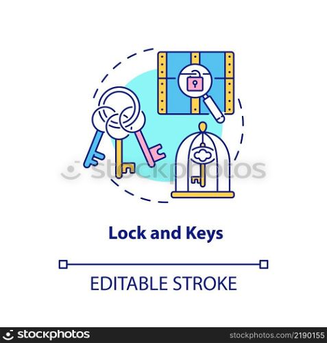 Lock and keys concept icon. Escape room attribute abstract idea thin line illustration. Old-fashioned security products. Isolated outline drawing. Editable stroke. Arial, Myriad Pro-Bold fonts used. Lock and keys concept icon