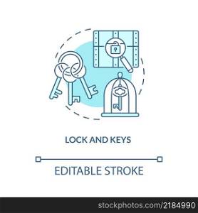 Lock and keys turquoise concept icon. Escape room abstract idea thin line illustration. Opening doors and chests. Isolated outline drawing. Editable stroke. Arial, Myriad Pro-Bold fonts used. Lock and keys turquoise concept icon