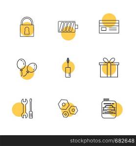 lock , battery ,card ,giftbox , car , maskara , nut , bolt , screw driver, wrench m, balloons , icon, vector, design, flat, collection, style, creative, icons