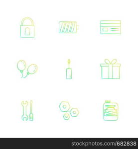 lock , battery ,card ,giftbox , car , maskara , nut , bolt , screw driver, wrench m, balloons , icon, vector, design, flat, collection, style, creative, icons