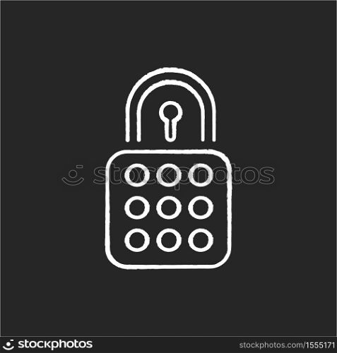 Lock chalk white icon on black background. Internet privacy. Encryption for safety. Closed lock. Secured entry. Protected access. Password for guarding. Isolated vector chalkboard illustration. Lock chalk white icon on black background
