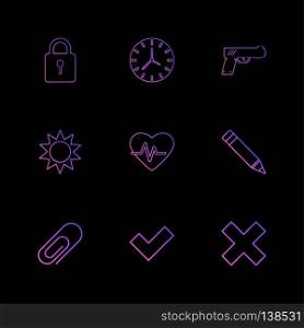 lock , clock , gun , sun , heart , pen , pin , wrong , icon, vector, design,  flat,  collection, style, creative,  icons