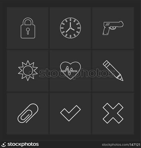 lock , clock , gun , sun , heart , pen , pin , wrong , icon, vector, design,  flat,  collection, style, creative,  icons