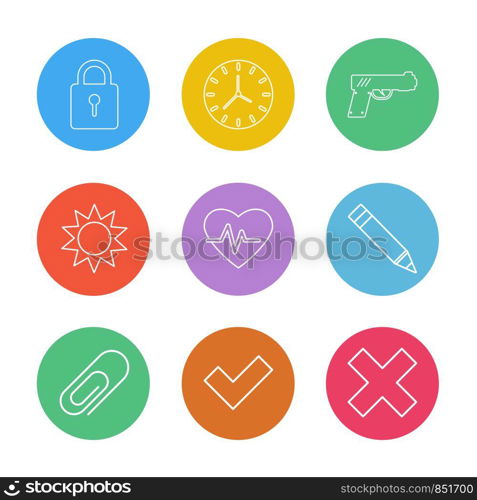 lock , clock , gun , sun , heart , pen , pin , wrong , icon, vector, design, flat, collection, style, creative, icons