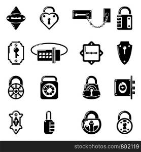 Lock door types icons set. Simple illustration of 16 lock door types vector icons for web. Lock door types icons set, simple style