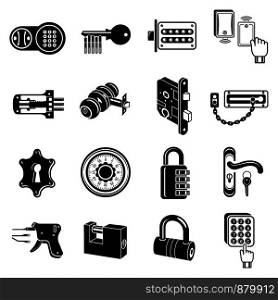Lock door types icons set. Simple illustration of 16 lock door types vector icons for web. Lock door types icons set, simple style