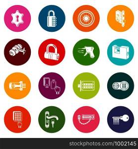 Lock door types icons set vector colorful circles isolated on white background . Lock door types icons set colorful circles vector