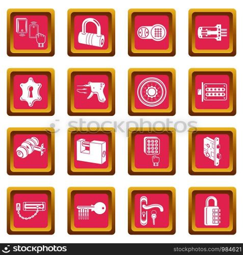 Lock door types icons set vector pink square isolated on white background . Lock door types icons set pink square vector