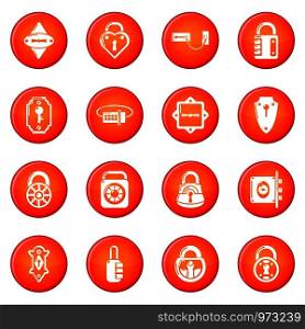 Lock door types icons set vector red circle isolated on white background . Lock door types icons set red vector