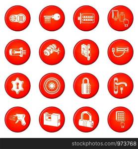Lock door types icons set vector red circle isolated on white background . Lock door types icons set red vector