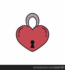 Lock for door in the shape of a red heart. Keyhole and lock. Vector sticker for Valentine’s day or wedding.