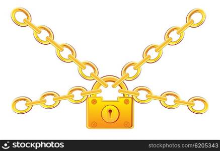 Lock from gild on chain on white background. Gold lock on chain