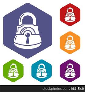 Lock gates icons vector colorful hexahedron set collection isolated on white. Lock gates icons vector hexahedron