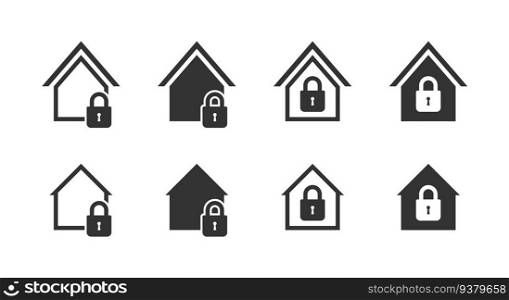 Lock house under protection icon set. Lockdown symbol. Safe home sign. Flat vector illustration. 