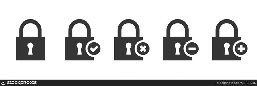 Lock icon collection. Locked and unlocked functional icons. Padlocks with buttons. Vector icons