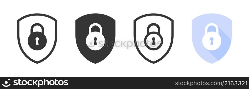 Lock icon set. Lock sign with shield. Padlocks flat and linear style. Vector illustration