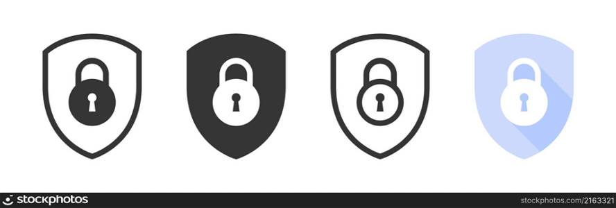 Lock icon set. Lock sign with shield. Padlocks flat and linear style. Vector illustration