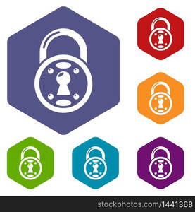 Lock icons vector colorful hexahedron set collection isolated on white. Lock icons vector hexahedron