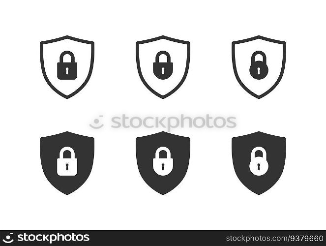 Lock on shield icon set. Protection icon. Padlock sign. Flat vector illustration.