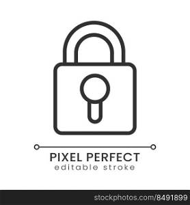 Lock pixel perfect linear icon. Access to private information. Computer data protection and safety. Thin line illustration. Contour symbol. Vector outline drawing. Editable stroke. Poppins font used. Lock pixel perfect linear icon