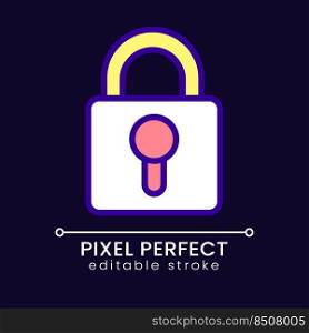 Lock pixel perfect RGB color icon for dark theme. Access to private information. Cybersecurity. Simple filled line drawing on night mode background. Editable stroke. Poppins font used. Lock pixel perfect RGB color icon for dark theme