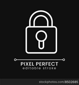 Lock pixel perfect white linear icon for dark theme. Access to private information. Cybersecurity. Thin line illustration. Isolated symbol for night mode. Editable stroke. Poppins font used. Lock pixel perfect white linear icon for dark theme