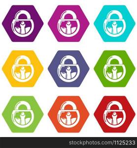 Lock vintage icons 9 set coloful isolated on white for web. Lock vintage icons set 9 vector