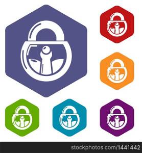 Lock vintage icons vector colorful hexahedron set collection isolated on white. Lock vintage icons vector hexahedron