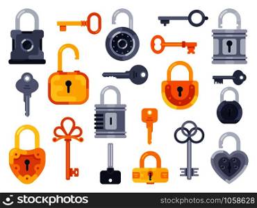 Lock with keys. Golden key, access padlock and closed safe padlocks. Safety privacy secure keys, security door and car locks isolated flat vector isolated icons set. Lock with keys. Golden key, access padlock and closed safe padlocks isolated flat vector set