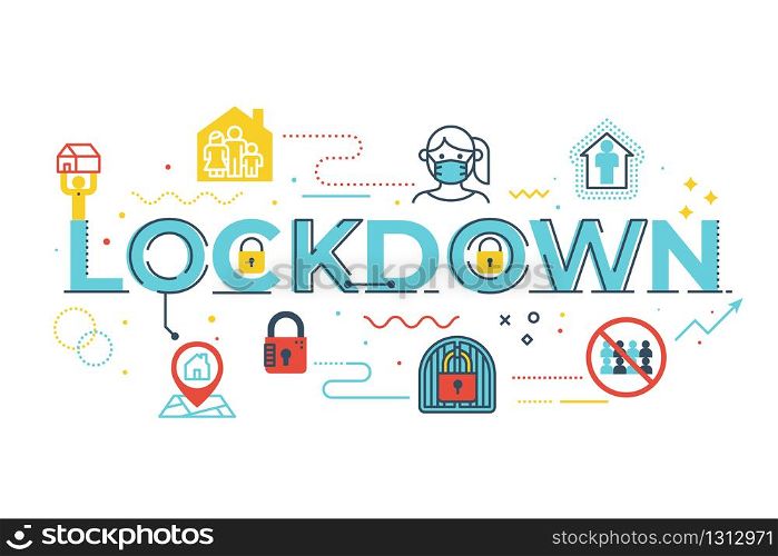 Lockdown word lettering illustration with icons for web banner, flyer, landing page, presentation, book cover, article, etc.