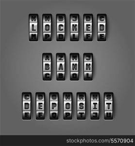 Locked bank deposit words by mechanical alphabet for combination codes concept vector illustration