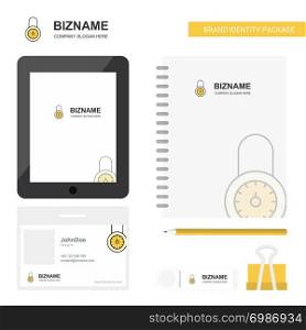Locked Business Logo, Tab App, Diary PVC Employee Card and USB Brand Stationary Package Design Vector Template