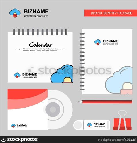 Locked cloud Logo, Calendar Template, CD Cover, Diary and USB Brand Stationary Package Design Vector Template