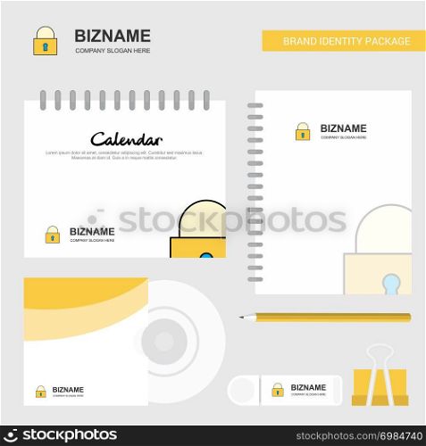Locked Logo, Calendar Template, CD Cover, Diary and USB Brand Stationary Package Design Vector Template