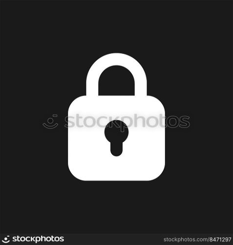 Locked padlock dark mode glyph ui icon. Restrict access. Security settings. User interface design. White silhouette symbol on black space. Solid pictogram for web, mobile. Vector isolated illustration. Locked padlock dark mode glyph ui icon